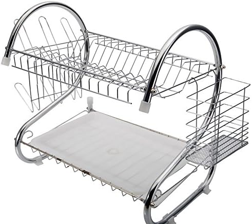 S-shaped 2-Tier Multi-function Stainless Steel Dish Drying Rack,Cup Drainer Strainer Cultery Holder with 1pc Plastic Tray For Kitchen Counter,Silver