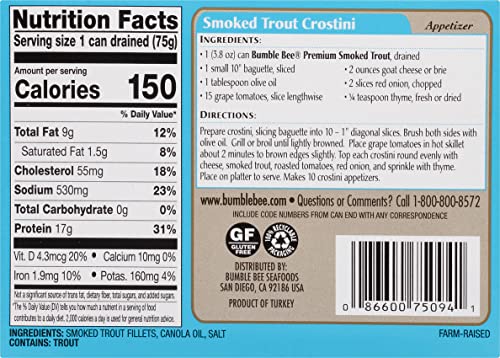 BUMBLE BEE SKINLESS & BONELESS SMOKED TROUT FILLETS, 3.8 OZ CAN – 17G PROTEIN PER SERVING – GLUTEN FREE – GREAT SNACK OR USE IN SEAFOOD RECIPES