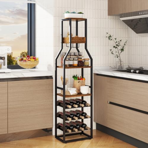 IBUYKE Wine Rack Floor,Bar Industrial Wine Bar,Brown TMJ916H | Wine Rack with Cup Holder Wine Rack for Living Room Kitchen Dining Room