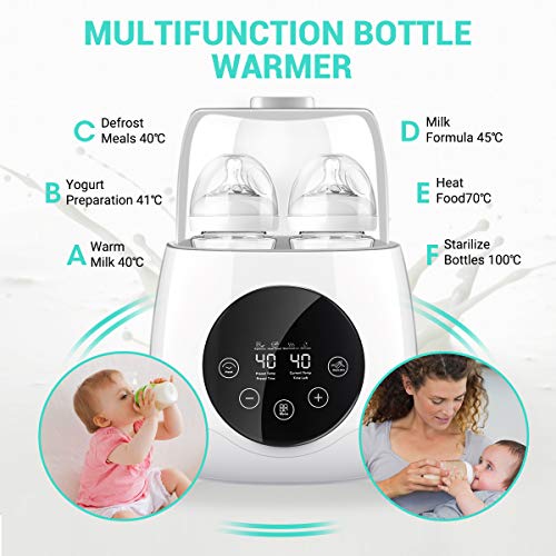 Baby Bottle Warmer Steam Sterilizer, EIVOTOR 6 in 1 Double Bottle Baby Bottle Warmer, LED Display & Baby Food Rapid Heater Warm Milk Formula Heat Food Defrost, BPA Free