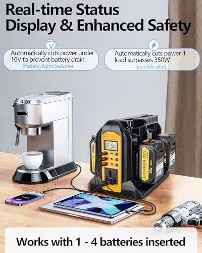 350W Power Inverter for Dewalt 20v 60v Battery, 4-Ports DC 20V to AC 110-120V Pure Sine Wave Battery Inverter with 3 USB-A Port, 1 USB-C Port,300lm LED Light for Camping Travel Emergency(Tool Only)