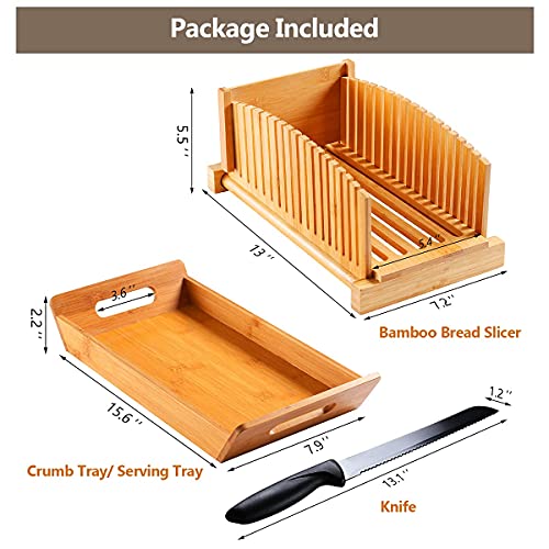 Premium Bamboo Bread Slicer with Serrated Knife Crumb Tray for Homemade Bread Foldable and