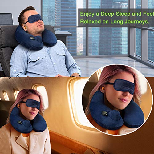 Philorn Inflatable Travel Pillow, Cervical Neck Pillow Inflatable, U Shaped Air Pillow with Soft Velvet Cover, Eye Mask, Earplugs | Self Pump No Need to Blow | Ideal for Sleeping on Train/Plane/Office