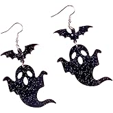 Cute Halloween Earrings Dangle Acrylic Black Horrible Earrings Goth Spider Bat Ghost Earring Gothic Jewelry Accessories for Women Halloween Party Favors Decorations