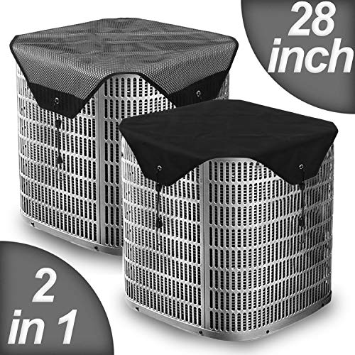 Timechee Air Conditioner Cover All Season,AC Covers for Outside Universal Center AC Unit Winter Waterproof Mesh and Heavy-Duty Tarpaulin Black 2 Pcs 28 x 28
