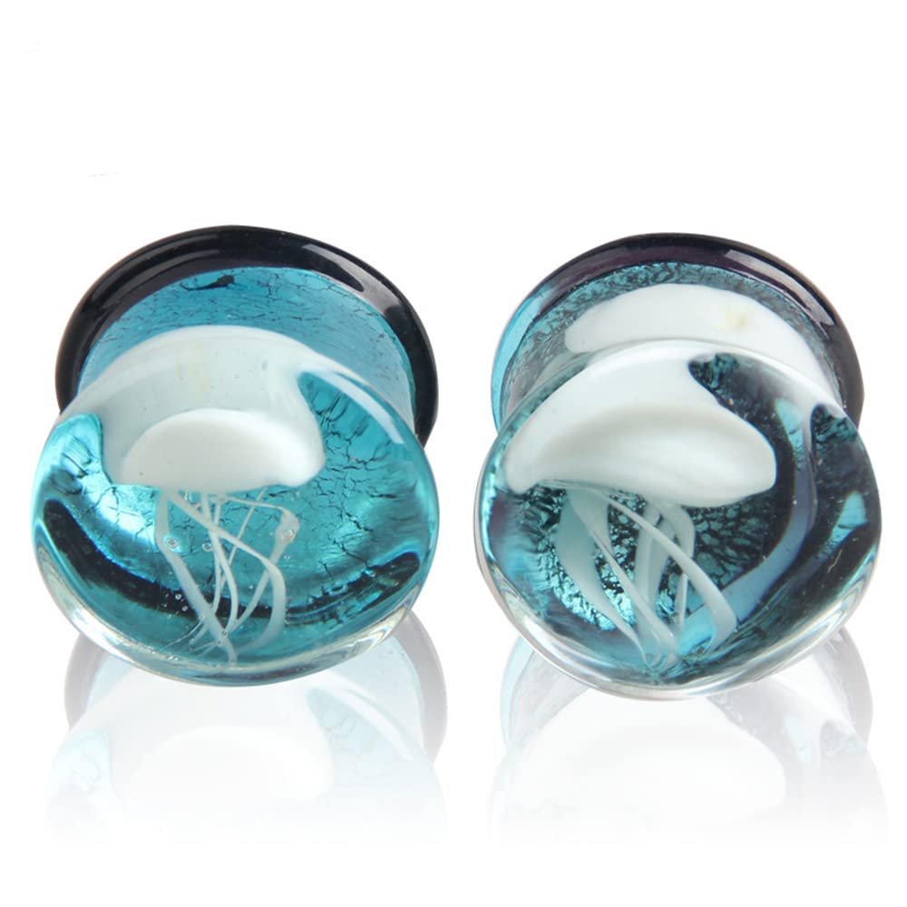 IMINI Glass Ocean Jellyfish Ear Plugs Gauges Tunnel Expanders Stretcher Unique Earrings Double Flared Piercings Body Jewelry Blue Ocean Animal (0g(8mm))