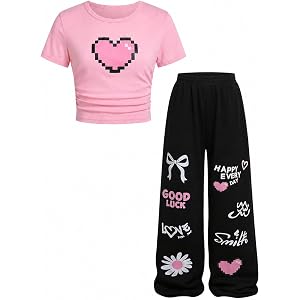 Girls Clothes 2 Piece Cute Pixel Heart-Print Top Graffiti-Print Pants Sets | Trendy Y2K Inspired Outfit with Fitted Top and W