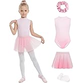 JiAmy Girls Ballet Leotards 4 Pcs with Removable Skirt Gradient Color Dance Dress Outfit Combo Tights Scrunchy 4-12Y