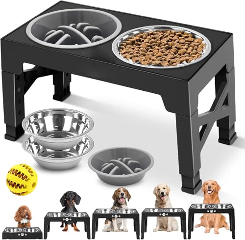 3PCS Comedero para Perro（Stainless steel bowl*2+Plato para Alimentación Lenta*1）, Cuenco Elevado para Perros,Soporte Elevado para Cuencospara Perros y Mascotas pequeños, medianos y Grandes(Negro)