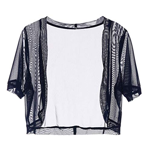 Summer Womens Tops Semi Sheer Short Sleeve Corp T-Shirt Chiffon Solid Basic Shrug Open Front Bolero Cardigan Tops Navy - Thumbnail 5