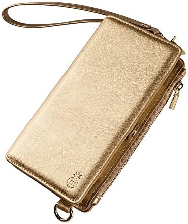 Leather Wallet Phone Case Cover for iPhone 6 Plus &amp; 6s Plus Gold ,Zipper Cellphone Carrying Bag for Women,Detachable Phone Case Adjustable Shoulder Strap Small Messenger Pouch Full Protective Cover