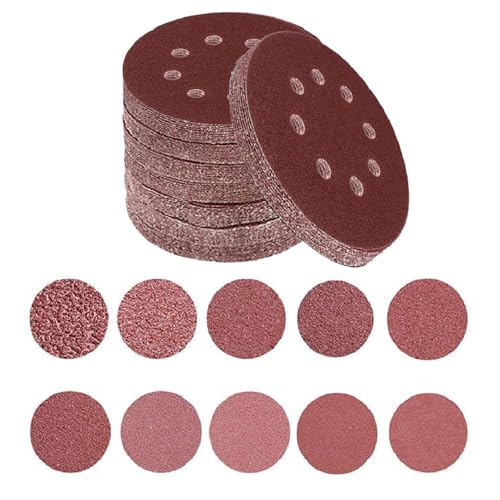 Sandpaper 100 Pieces 5 Inch with 8 Holes Dustless Hook-and-Loop Circular Sanding Discs Sandpaper Assorted Assortment from 60 to 600 Gritsï¼Ë†60/80/100/120/150/180/240/320/400/600ï¼â€°