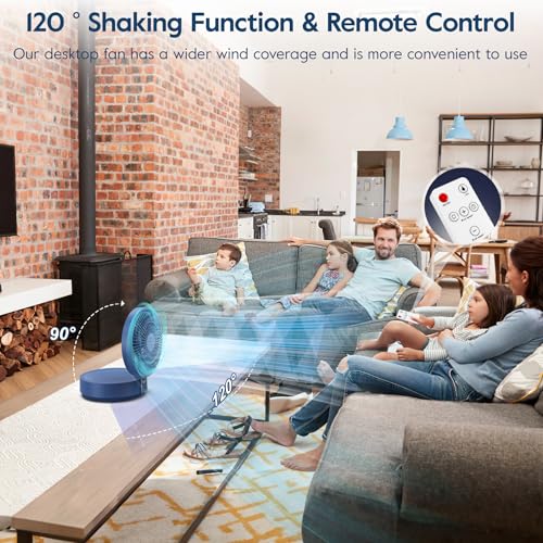 Table Fan, USB Rechargeable Powerful Quiet Fans with Remote Control, LED Display, 120° Rotation Oscillating, 3 Speed, Portable Fan for Office, Bedroom, Camping