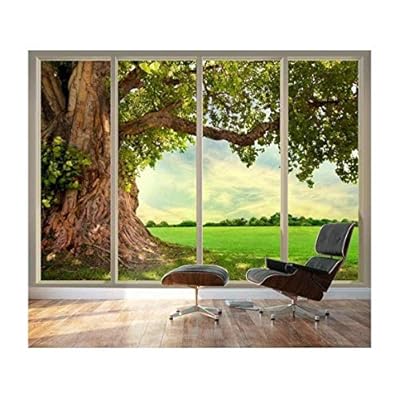 Wall26 - Large Wall Mural - Old Tree and Meadow Seen Through Sliding Glass Doors | 3D Visual Effect Self-Adhesive Vinyl Wallpaper/Removable Modern Decorating Wall Art - 100