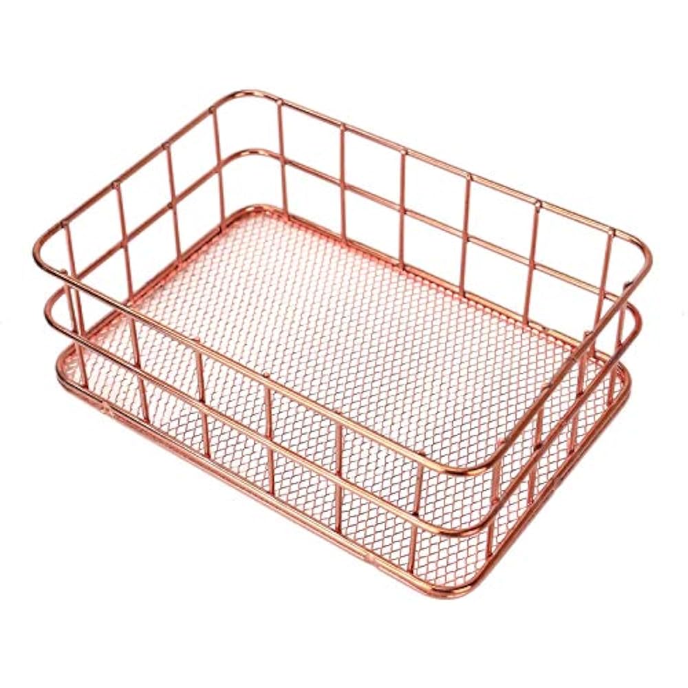 Desk Drawer Organizer Rose Gold Wire Basket Metal Mesh Holder For