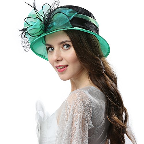 Janey&Rubbins Women Kentucky Derby Church Wedding Fascinators Cloche Bucket Bowler Hat (Green/Black) - Thumbnail 2