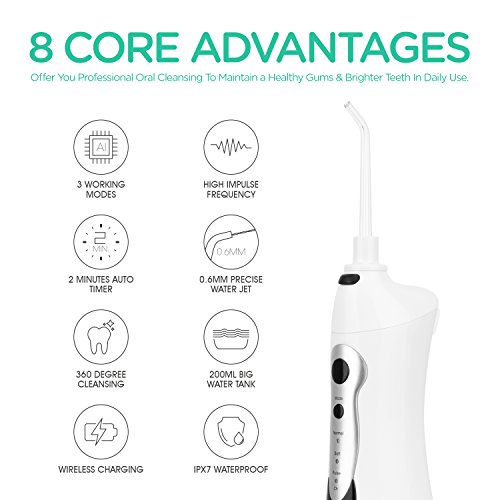 VOYOR Water Flosser Cordless Oral Irrigator Floss Water Jet Electric Dental Flossers with 3 Work Modes & 2 Nozzles for Braces Gums Cleanse and Remove Bacteria, IPX7 Waterproof, Portable & Rechargeable