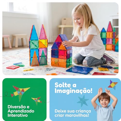 Blocos Magneticos Infantil de Montar 76 Peças, Brinquedo Educativo Construção Infantil 2D, 3D, Jogo Pedagógico para Coordenação Motora, Raciocínio Lógico, Criatividade e Aprendizado STEM