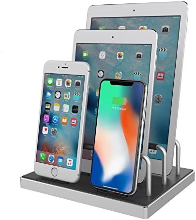 4-Port Charge Station, Reflying Aluminum Charging Dock Charge Stand Organizer w/ 4 Lightning Plug [MFi Certified] for iPhone, iPad, iPad Pro, Airpods, Silver