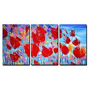 3 Piece Canvas Wall Art - Abstract Red Flowers Painting on Canvas with Acrylic Colours.I Paint This Picture in 2010. - Modern Home Art Stretched and Framed Ready to Hang - 16"x24"x3 Panels