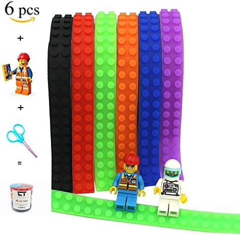 Block Tape for Lego Bricks, Lego tape is Non-toxic Reusable Cuttable, 6 roll/colors 3.5 Feet, 3M Self Adhesive Strips, Scissors are included, free mini figure, compatibility with building block brands