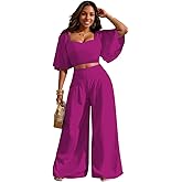 WUSENST Women's Summer 2 Piece Outfits 2025 Ruffle Sleeve Sweetheart Neck Crop Tops Wide Leg Pant Sets Casual Tracksuit