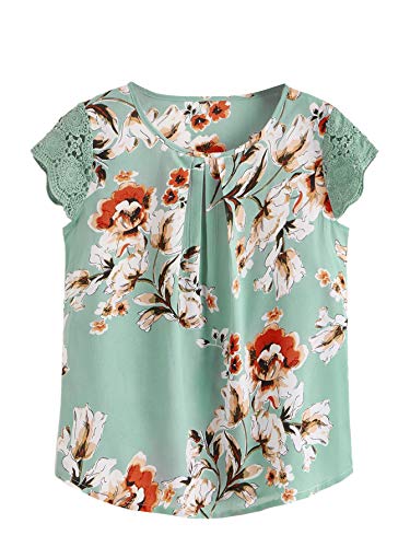 Milumia Women's Boho Flower Print Lace Sleeve Pleated Cap Sleeve Work Blouse Top