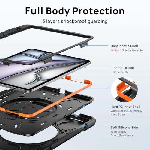 Gerutek Shockproof Case for iPad Air 11 inch M4/M3/M2 (2026/2025/2024)/Air 5th/Air 4th/iPad Pro 11 (4th/3rd/2nd/1st Gen), Heavy Duty Case with 360 Rotating Stand, Hand Strap and Shoulder Strap, Pen Holder, Black