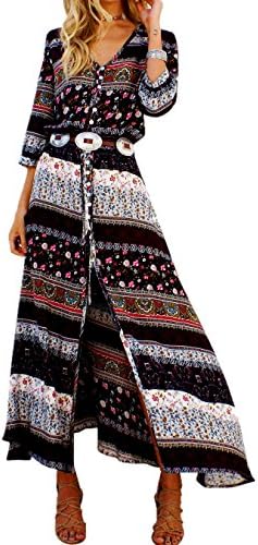 Women's Boho Ethnic Floral Print V Neck Button Up Split Tie-Waist Summer Beach Flowy Maxi Dress