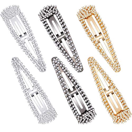 WATFOERS 6 Pcs 3 Inch Rhinestone Snap Hair Clips Metal Hair Clips for Women Girls Wedding Hair Accessories (Black, Silver, Gold)