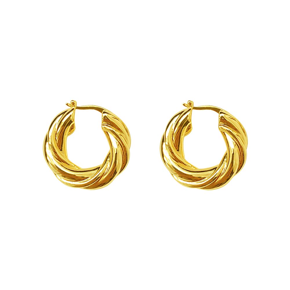 Chunky Twist Knot Love 5mm Thick Fashion 14K Gold Plated Huggy Hoop Earrings for Women Girls Sensitive Ear Dainty Click Top Huggie Hoops Jewelry Gifts 23mm