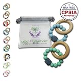 Lilac & Lavender - Baby Teether Ring - Silicone Beads Teething Relief Toy with Wooden Ring - Safe Untreated Organic Materials - Top Rack Dishwasher Safe- Unique Baby Shower Gift - Mint & Blue - 2 Pack