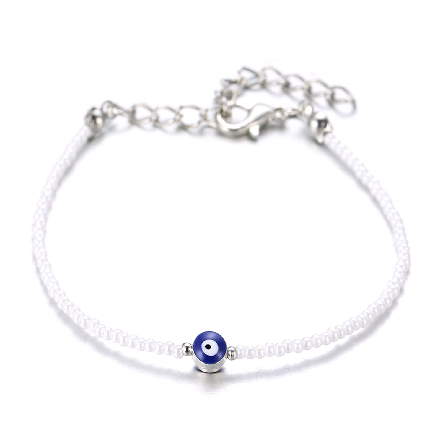 HALUKAKAH Evil Eye Bracelet for Women Men,Elastic Handmade Protection Mal de Ojo Jewelry Blue Eye with White Stone Beads Bracelet with Free Giftbox