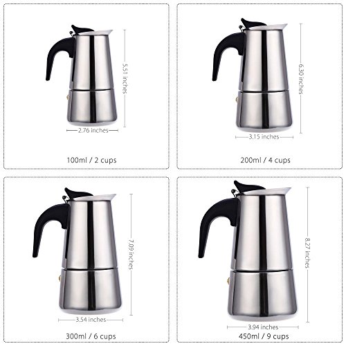 Stainless Steel Moka Coffee Maker Mocha Espresso Latte Stovetop Filter Coffee Pot Percolator Tools Easy Clean for Home Office (100ML) - Thumbnail 5