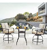 LOKATSE HOME 3 PCS Outdoor Patio Bistro Swivel Bar Sets with 2 Stools and 1 Glass Top Table, Whit...