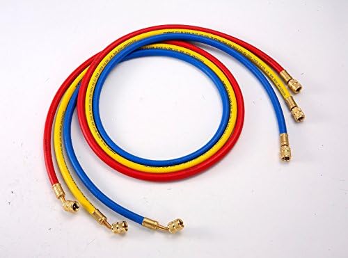 ELANMAX 1/4" Standard 3-pc AC Charging Hose Set For All CFC, HCFC, and HFC Refrigerants, 60'' Made In The USA Hose