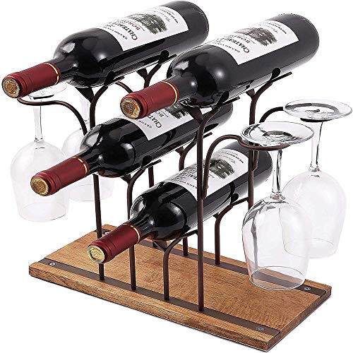 DCIGNA Freestanding Metal Wine Rack With Glass Holder, Wood Tabletop