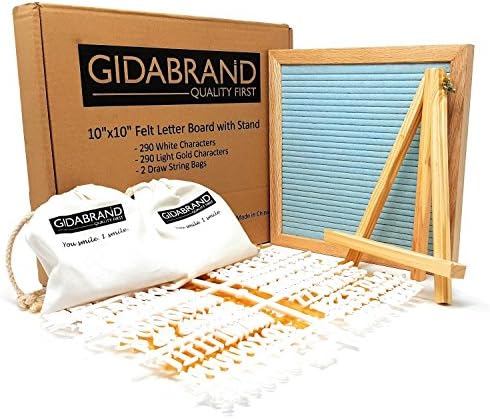 Felt Letter Board 10x10 Inches with Stand | 580 Changeable Letters Signs | Oak Wood Frame Letterboard with Metal Hanger and 2 Canvas Bags (Light Blue)