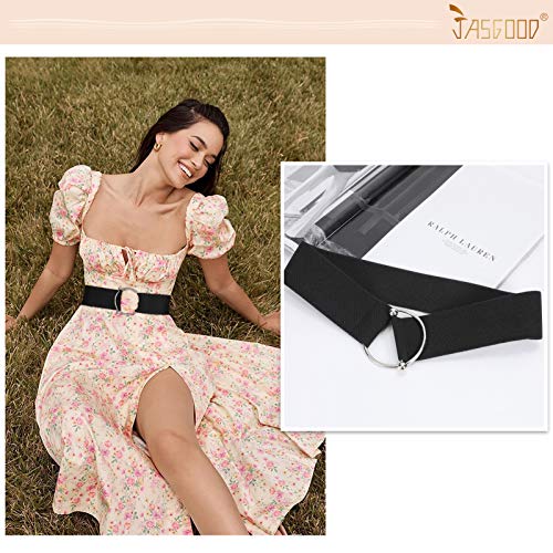JASGOOD Women Stretchy Wide Waist Belt,O Ring Buckle Elastic Waist belt for Dress,Black,Suit for Waist Size 25-29 Inches