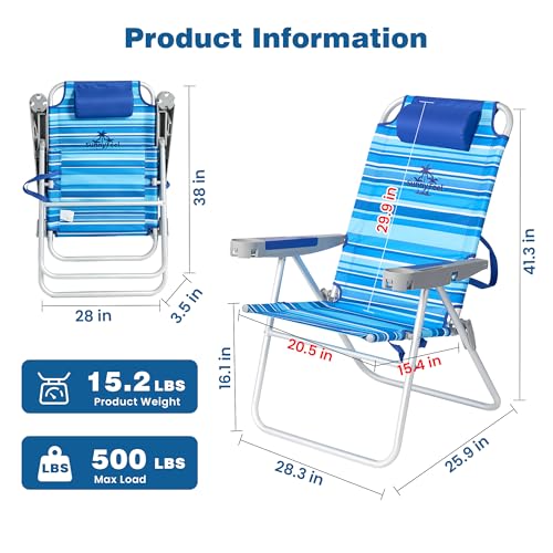 SUNNYFEEL Tall Folding Beach Chair Lightweight, Portable Sand Chair for Adults Heavy Duty 500 LBS with Cup Holders, Foldable High Camping Lawn Chairs for Camp/Outdoor/Picnic/Concert/Sports