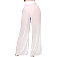 Springcmy Women Ruffle Sheer Mesh Pants See Through Bikini Bottom Swimsuit Cover up Wide Leg Beach Pants