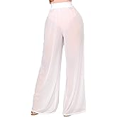 Springcmy Women Ruffle Sheer Mesh Pants See Through Bikini Bottom Swimsuit Cover up Wide Leg Beach Pants