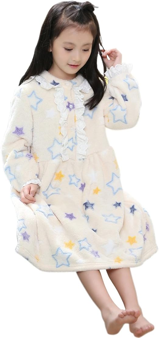 Amazon 子供 女の子 キッズ パジャマ ネグリジェ レースパジャマ ルームウェア ワンピースパジャマ ナイトウェア 長袖 ナイトドレス ガールズ フランネル 部屋着 寝間着 ふわふわ 肌に優しい かわいい ホワイト ホワイト 140 パジャマ 通販