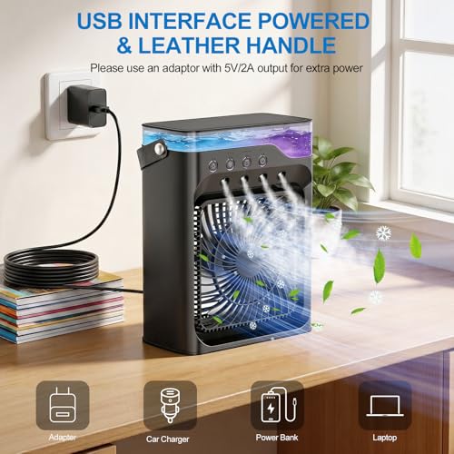 Portable air Conditioners, Personal Cooling Fan with 120° Oscillation, 3 Wind Speed & 4 Sprays, 2/4/6/8H Timer, Multi-Color Light, 3 in 1 Desktop Mini AC Unit for Car, Bedroom and Camping(Black)