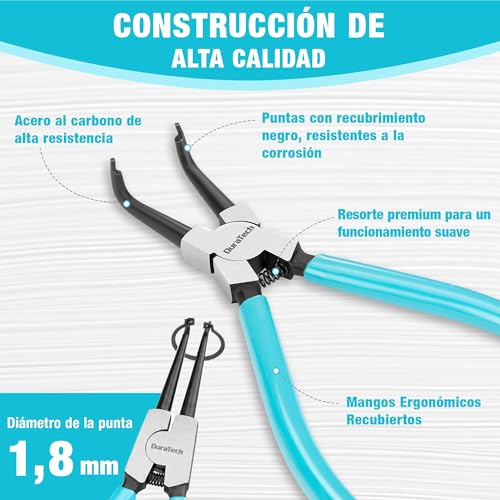 DURATECH 4 Piezas Alicates Circlip de 180 y 165 mm con Mango Antideslizante | Alicates para Anillos de Retención Internos y Externos, Puntas Rectas y Curvas, Acero al Carbono, Bolsa de Almacenamiento