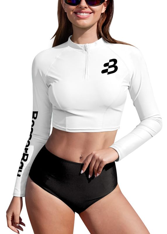 Photo 1 of Women Summer Crop Swimming Uv SPF Rash Guard Surf Uv Protection Sun Guard Bathing Suit White L