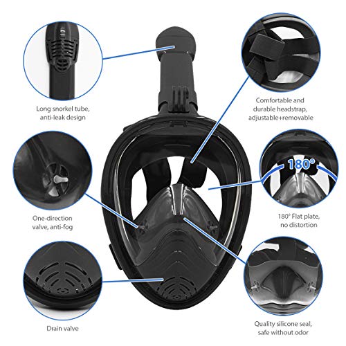 ROCONTRIP Full Face Snorkel Mask, Free Breathing 180° Panoramic View Diving Mask, Anti-Fog Anti-Leak and Adjustable Head Strap Snorkeling Mask for Men Women Adult (Black-Kids, XS)