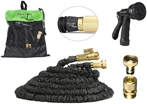 100ft Black Cobra Expandable Garden Hose with Free Solid Brass Quick Release Connector. Comes with FREE storage bag and 8 function Spray Head. Long, Strong and easy to connect.