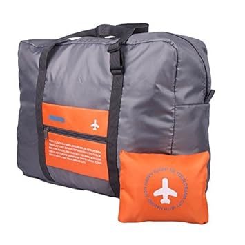 PETRICE Unique Foldable Bag,Polyester Material, Large Capacity Waterproof Foldable Lightweight Luggage Bag (Orange/Grey)