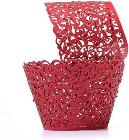 HUAL Cupcake Wrappers 100 Filigree Artistic Bake Cake Paper Cups Little Vine Lace Laser Cut Liner Baking Cup Muffin Case Trays for Wedding Party Birthday Decoration (Red)